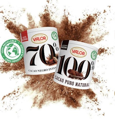 Valor is packaging two of its instant cocoa products in recyclable board.
