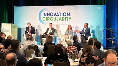 (from left) Ron Cotterman, VP, Global Corporate Affairs, SEE; Dr. Jan Henke, Director, ISCC; Diane Marret, Sustainability Director, Consumer Packaging NA, Berry Global, Inc.; and Matt Rudolf VP, International Business Development, SCS Global Services