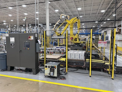 End-of-line operations are accomplished by another single robot arm, but this one with roughly a 370-pound potential payload. In this operation, the arm is picking up three cases at a time, so at roughly 50-lb per case, that makes for 150-lb picks. Perhaps surprisingly, end-of-arm tooling is able to easily accomplish 150-lb-plus picks using only vacuum suction, and no mechanical clamps. Pallet conveyors include a pallet dispenser, a gantry-style sheet inserter, and pallet conveyor/accumulation.