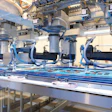 Collating F4 SCARA robots near the end of the infeed belt pick product as it travels to the right. Note the amount of product has dwindled compared to the 34 x 4 format at the start of the infeed. Groups of three sticks are collated on the narrower belts that travel to the left. Finally, cartons that have been filled and lidded upstream travel to the right, and out of the system.