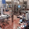 Overhead view of Fiesta Pacific’s new line shows the filler/capper (A), the labeler (B), and the case packer (C).