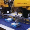 The case packer includes a pair of robots that quickly and efficiently orient cartons into the patterns required.