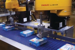 The case packer includes a pair of robots that quickly and efficiently orient cartons into the patterns required.
