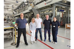A team from Innovia visiting Bobst. Left to right: Alexandre David – Technical Sales Manager Coating, Bobst; Kristiina Muurman – Customer Sales Manager, Bobst; Steve Maude - Surface Engineering Manager, Innovia Films; Mike Hill - Lead Mechanical Project Engineer, Innovia Films; Sarah Lightfoot - Coating Trial Coordinator, Innovia Films.