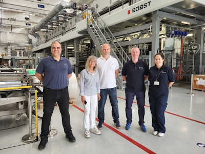 A team from Innovia visiting Bobst. Left to right: Alexandre David – Technical Sales Manager Coating, Bobst; Kristiina Muurman – Customer Sales Manager, Bobst; Steve Maude - Surface Engineering Manager, Innovia Films; Mike Hill - Lead Mechanical Project Engineer, Innovia Films; Sarah Lightfoot - Coating Trial Coordinator, Innovia Films.