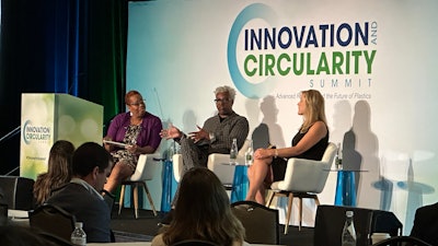 (from left) Susan Jackson of BASF Corporation interviews DC pollsters Cornell Belcher of Brilliant Corners Research and Brenda Gianiny of Axis Research about chemical/advanced recycling perception among consumers, and work to be done.