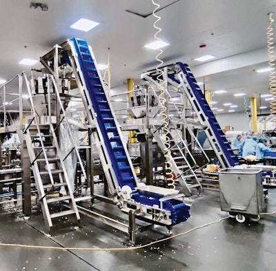 On the ready meals line, the first bucket elevator delivers pasta up to a combination scale while the second bucket elevator/scale combo is for pieces of beef, shrimp, or chicken.