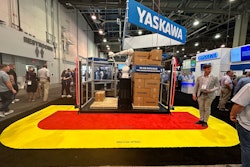 Memco's Peter Tosh demonstrates sensor-based gate perimeters, and their speed-reducing affects on the 30-kg payload Yaskawa collaborative palletizing robot demonstrated live, without physical caging.