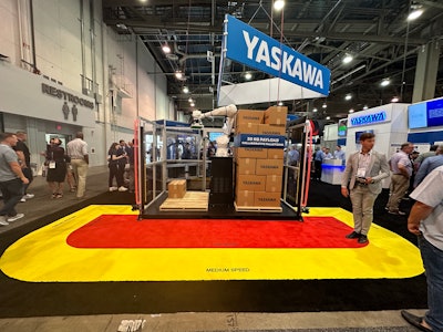 Memco's Peter Tosh demonstrates sensor-based gate perimeters, and their speed-reducing affects on the 30-kg payload Yaskawa collaborative palletizing robot demonstrated live, without physical caging.