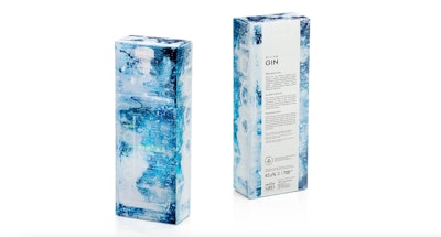 The visual ice-block effect on the retail carton for 1000 Lakes gin was achieved with several different levels of printing done with UV printing on silver PET laminated paperboard.