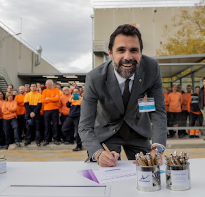 The Minister of Employment in Catalonia, Roger Torrent attends the breaking ground ceremony for AkzoNobel’s new production centre for bisphenol-free coatings, which will support stringent bisphenol regulations in force in Europe.