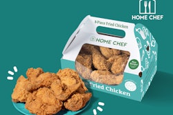 The new packaging for Home Chef’s Fried Chicken consists of a paper gable box with handles that features venting holes that allow condensation to escape the packaging and a window through which consumers can see the product.