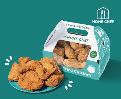 The new packaging for Home Chef’s Fried Chicken consists of a paper gable box with handles that features venting holes that allow condensation to escape the packaging and a window through which consumers can see the product.