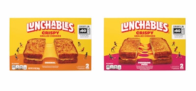 The Lunchables Grilled Cheesies product is available in two varieties, Original and Pepperoni Pizza, both featuring Kraft Singles American cheese.