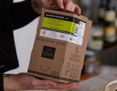 Maison Orphée's new bag-in-box olive oil packaging reduces CO2 emissions during transport due to its lighter weight.