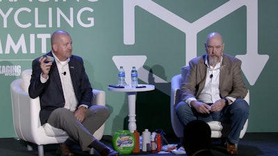 Jeff Snyder of Rumpke (left) and Mark Agerton of P&G (right) explain their unique value chain collaboration in ensuring P&G haircare products are not only technically recyclable, but likely to be recovered and returned to circulation.