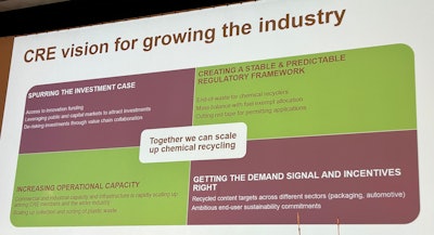 In his presentation at the Advanced Recycling Conference, Sewell outlined a vision for the chemical recycling industry in Europe that includes creating a stable regulatory framework, cutting red tape for permitting, and fostering investment.