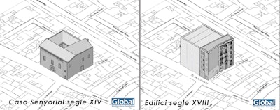 Illustrations from Global Geomática show how the site would have looked as a manor in the 14th century (left) and an upgraded building in the 18th century.