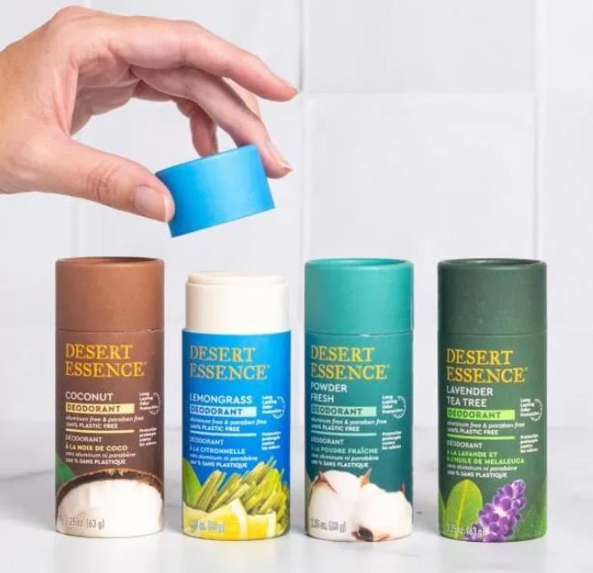 Desert Essence's compostable board tubes use a vegetable-derived, oil-resistant liner to keep the product intact.