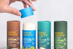 Desert Essence's compostable board tubes use a vegetable-derived, oil-resistant liner to keep the product intact.