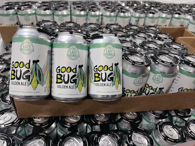 Lazy Magnolia's own brand canned beers currently use pressure-sensitive labels, but the brewery plans to switch to printed cans as soon as volume justifies the move.