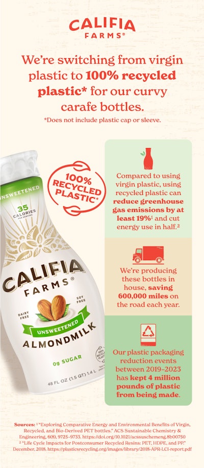 Says Ella Rosenbloom, vice president of sustainability at Califia Farms, “Replacing virgin plastic with recycled plastic is a critical part of closing the loop in a circular economy,”