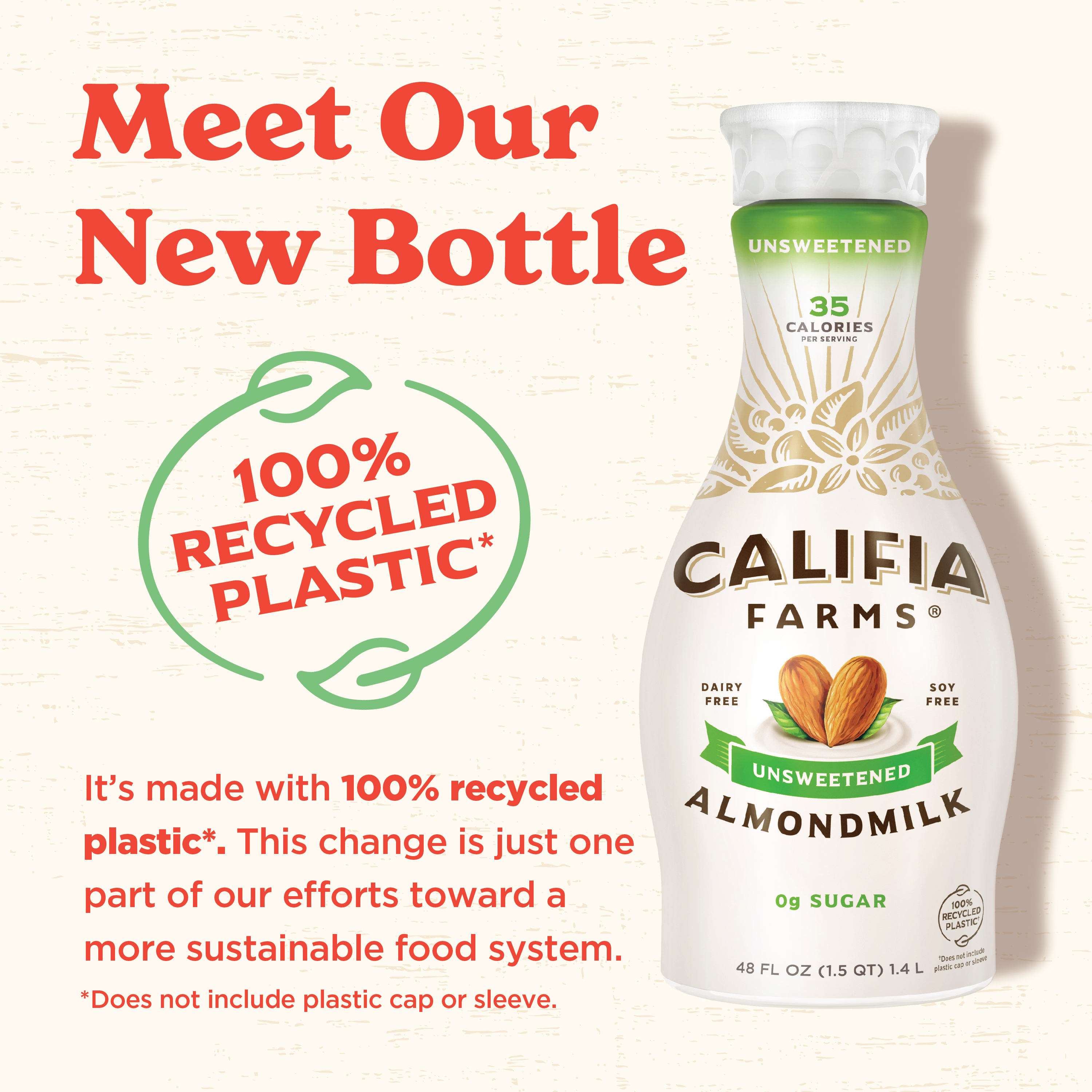 According to Califia Farms, the move to 100 rPET bottles will help reduce its GHGs by at least 19% and cut its energy use in half.