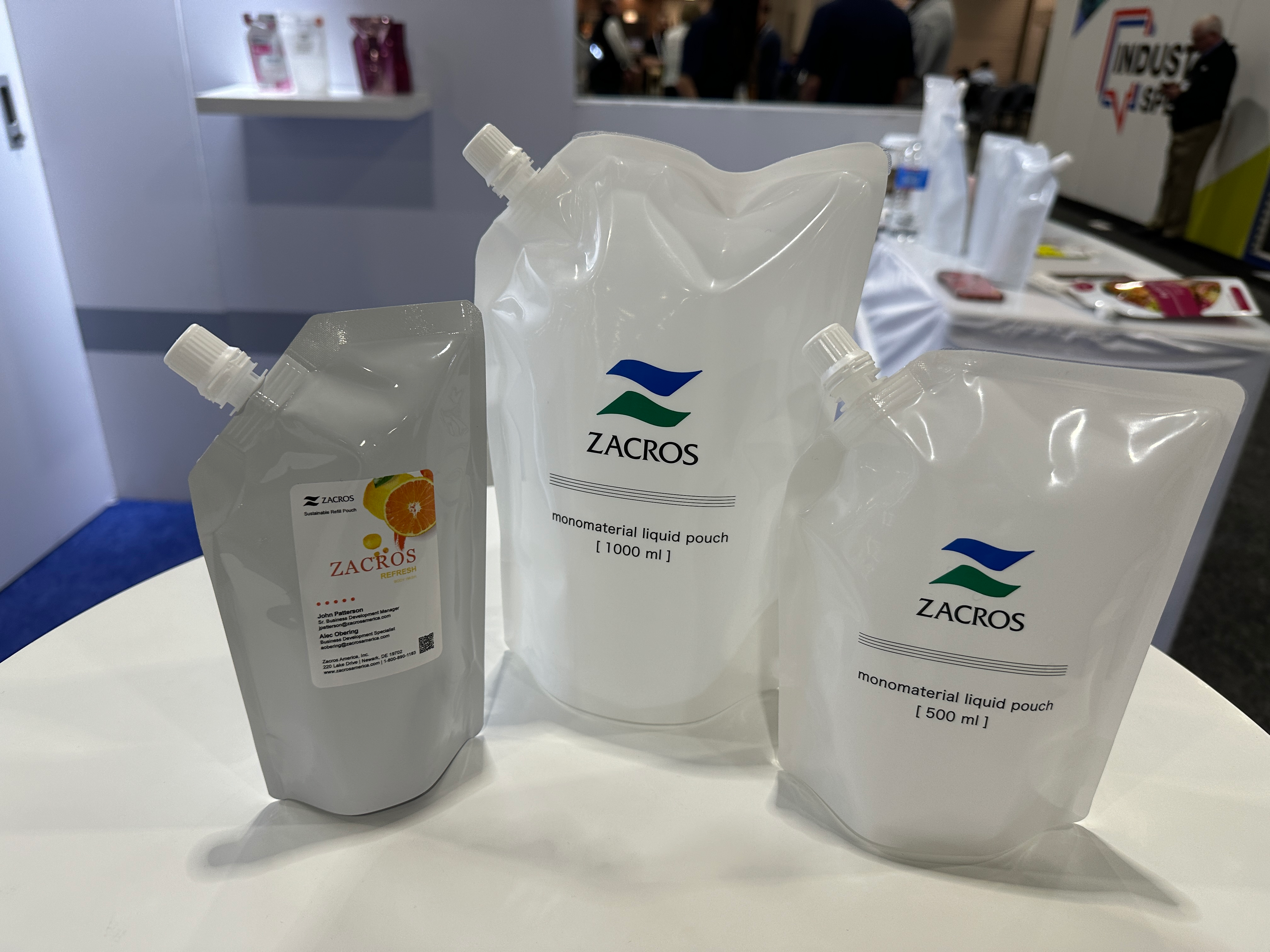 Spouted standard (multilayer) and monomaterial refill pouches are available printed, or brands can employ p-s labels (left) to lower the MOQ. 1-L, 500-mL, and 250-mL sizes are available.