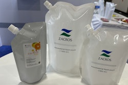 Spouted standard (multilayer) and monomaterial refill pouches are available printed, or brands can employ p-s labels (left) to lower the MOQ. 1-L, 500-mL, and 250-mL sizes are available.