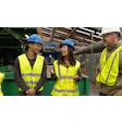 Glacier co-founders Areeb Malik (left) and Rachel Hu (center) speak with Amazon Climate Pledge Principal Nick Ellis (right) at a Phoenix-area municipal recycling facility.
