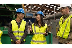 Glacier co-founders Areeb Malik (left) and Rachel Hu (center) speak with Amazon Climate Pledge Principal Nick Ellis (right) at a Phoenix-area municipal recycling facility.