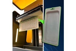 A completed prototype of a new tray package, created using Harpak-ULMA's 3D printing service designed specifically for tray package prototyping. This 3D-printed prototype will aid product engineers in visualizing the tray package's proposed dimensions before production.