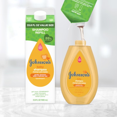 The new Johnson's Baby Refill cartons include visual cues and instructions to refill the original packaging.
