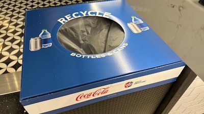 Spotted at the Sweet 16 in Boston, bin messaging clearly delineating PET bottles and aluminum cans as recyclable. The Final Four took this campaign to the next level, and it should be an ongoing, self-sustaining effort for the venues for the foreseeable future.
