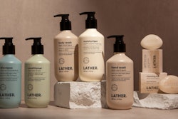 The 100% ocean-bound plastic bottle in earth-tone colors with a black dispensing pump is being used for five Landscape Collection hotel products from LATHER.