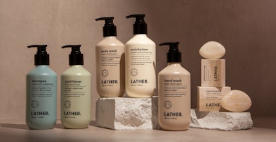 The 100% ocean-bound plastic bottle in earth-tone colors with a black dispensing pump is being used for five Landscape Collection hotel products from LATHER.