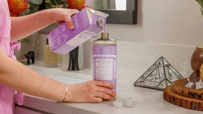 The 32-oz Pure-Castile Liquid Soap refill carton is made from 69% FSC-certified paper, 5% aluminum, and 26% polyethylene, with a polypropylene cap. The PE liner and aluminum are barriers that ensure shelf stability and prevent the soap from deteriorating the carton.