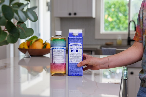 According to a Life Cycle Assessment (LCA), the carton format had the lowest environmental footprint of all the options, which compared PCR, molded fiber, glass, aluminum, and paper cartons. Using cartons to refill more durable rPET bottles makes the whole system bathroom- and shower-worthy, since the cartons themselves deteriorate in wet environments.