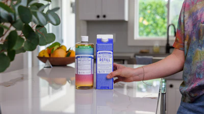 According to a Life Cycle Assessment (LCA), the carton format had the lowest environmental footprint of all the options, which compared PCR, molded fiber, glass, aluminum, and paper cartons. Using cartons to refill more durable rPET bottles makes the whole system bathroom- and shower-worthy, since the cartons themselves deteriorate in wet environments.