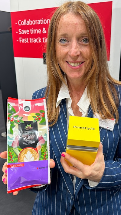 Sara Alexander demonstrates BOBST oneBARRIER PrimeCycle AlOx high barrier PE monomaterial packaging substrate certified with a recyclability level of 98% (slightly lower when printed, depending on print and ink specs).