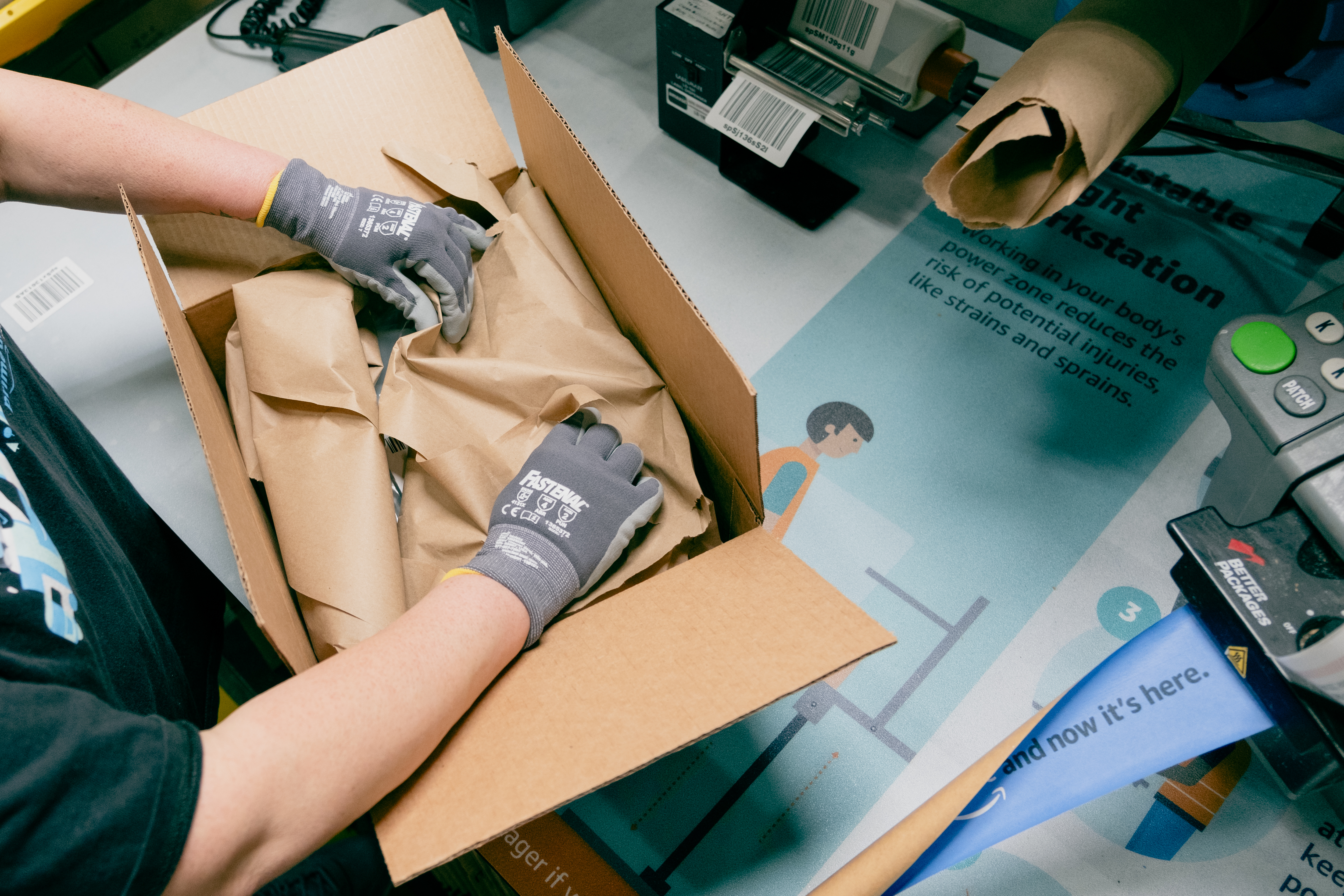 Amazon teams collaborated with suppliers to source paper filler made from 100% recycled content while coordinating the transition across hundreds of fulfillment centers.