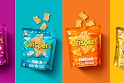 A redesign for Crispers snacks features vibrant block colors that denote flavor profiles and a centrally positioned hero image and logo for cohesiveness.