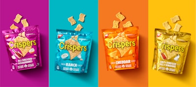 A redesign for Crispers snacks features vibrant block colors that denote flavor profiles and a centrally positioned hero image and logo for cohesiveness.