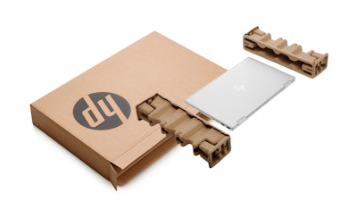 HP's molded pulp cushioning protects its various computer products while minimizing the use of expanded polyethylene.