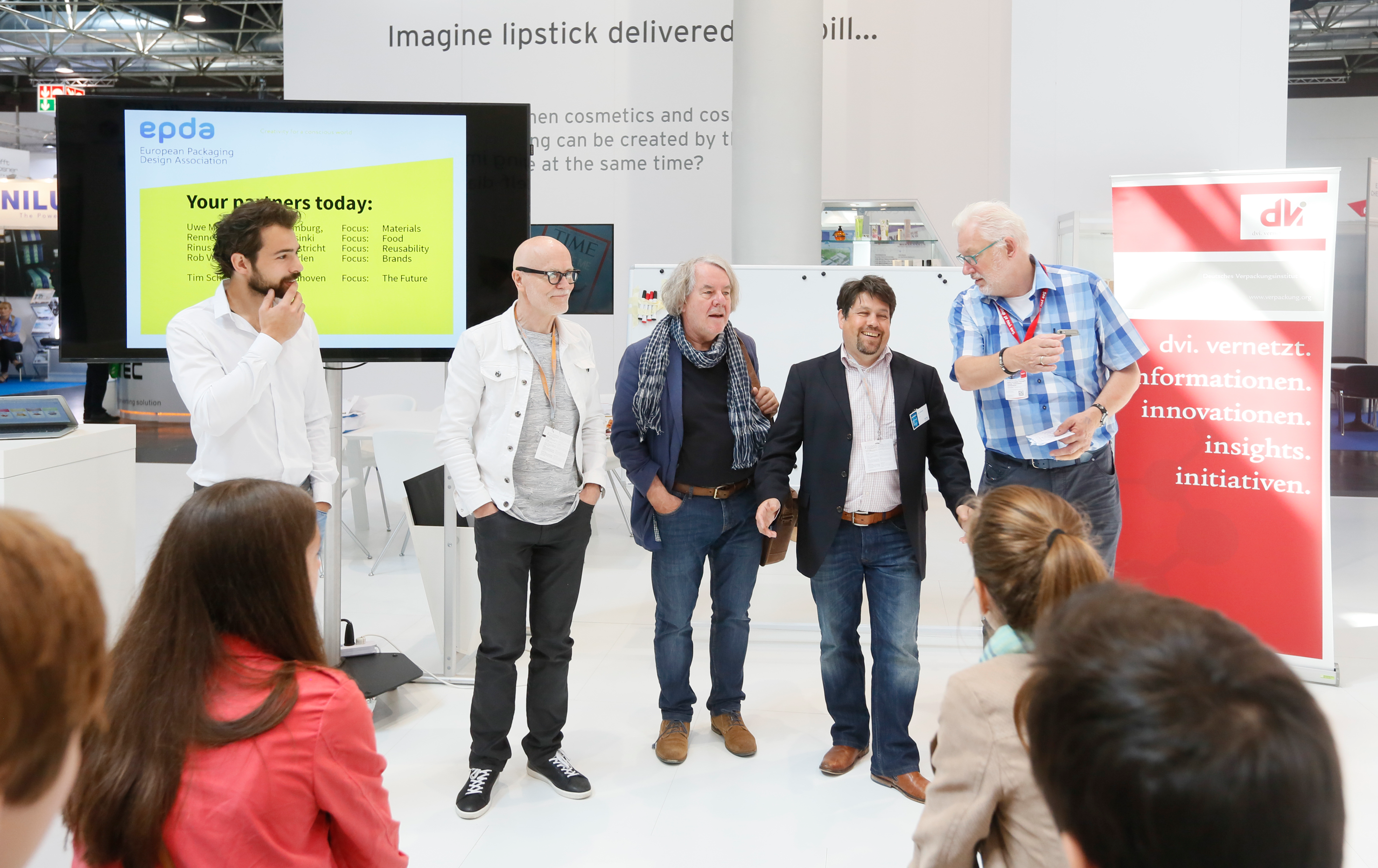 Uwe Melichar (second from right) of the European Brand and Packaging Design Association, curated the private brand owner tour of drupa for Touchpoint Packaging, a pavilion and topical packaging hub of the show.