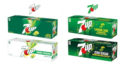 New 7UP design elements (right) include a flatter, less cluttered logo, icons instead of photo-realistic lemon-lime wedges, and equal descriptive messaging between classic Lemon-Lime and newer Zero Sugar flavors.
