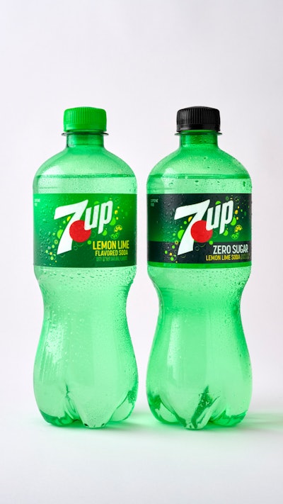 The redesign, as reflected here on labels applied to PET bottles, presents the two varieties--Lemon-Lime (left) and Zero Sugar--on equal footing, rather than Zero Sugar being a subset of the original. Messaging is aligned, logos are identical, and the color gradients distinguish the two visually at a distance.