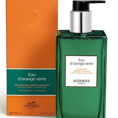 Hermés refillable Le Bain personal care line includes hair and body shower gels, hand and body cleansing gels, moisturizing body lotions, and body oils.