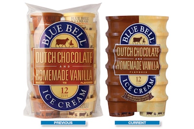 Tighter, more consistent, and easier to run through an automated case packer, the shrink sleeve multipack (right) has been a big win for Blue Bell Creameries, compared to the legacy format (left).