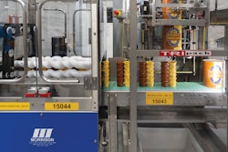 The final set of Morrison timing screws is a stacked screw system that guides stacks of cups forward with just the right spacing so that the Tripack shrink sleever can drop sleeves over paired stacks.
